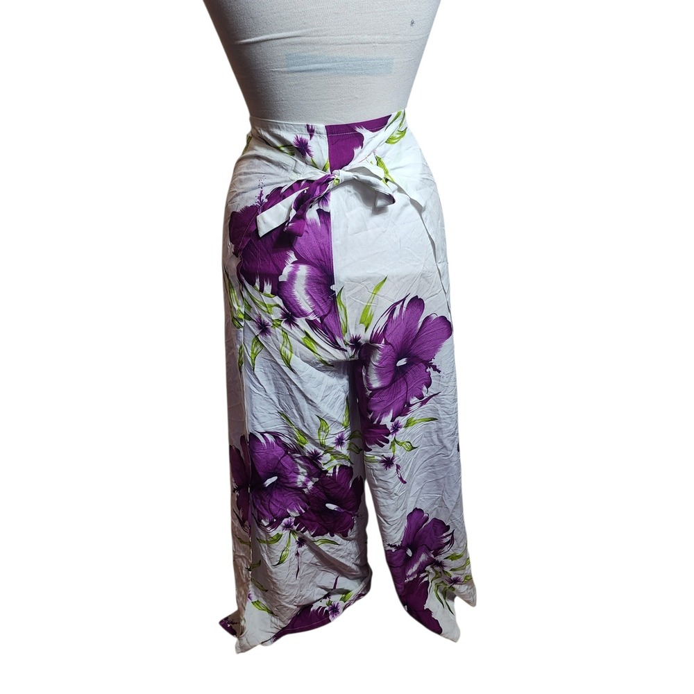 Aloha Fashion Hawaiian Wrap Pants Purple Floral Tropical Wide Leg One Size White